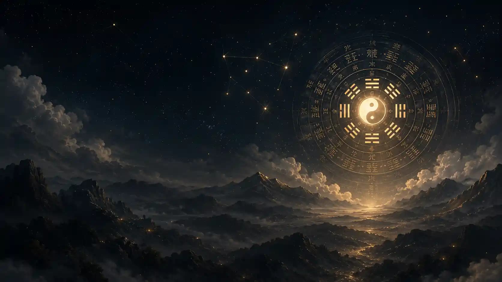 星空山峦与命理罗盘背景